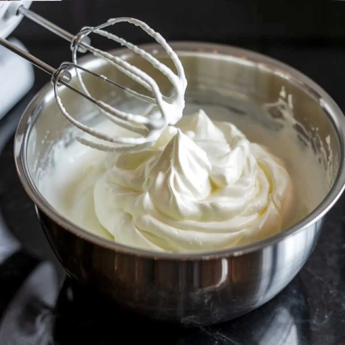 Thick, freshly whipped cream forming soft peaks in a stainless steel mixing bowl, with electric mixer beaters above—perfect for topping desserts like mousse, pies, or cakes during holiday baking.