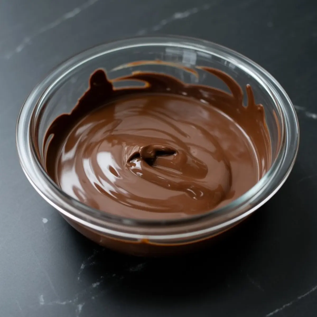 Smooth, glossy melted chocolate in a clear glass bowl set on a black marble surface—commonly used in baking, mousse making, and festive dessert decorating.