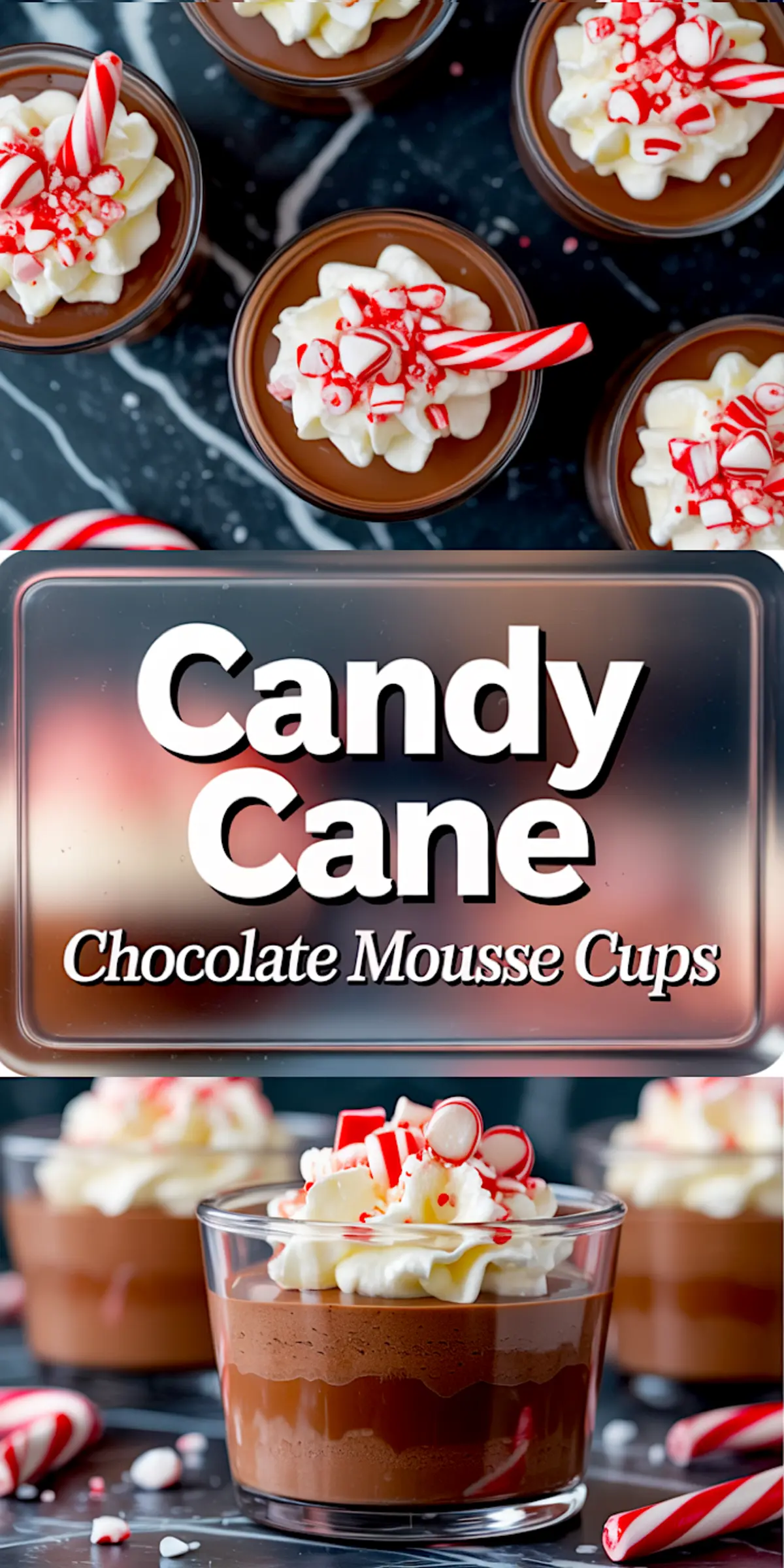 Collage showing overhead and side views of peppermint chocolate mousse cups with piped whipped cream, crushed candy canes, and red-striped peppermint sticks—set against a black marble background with stylized holiday-themed text overlay.
