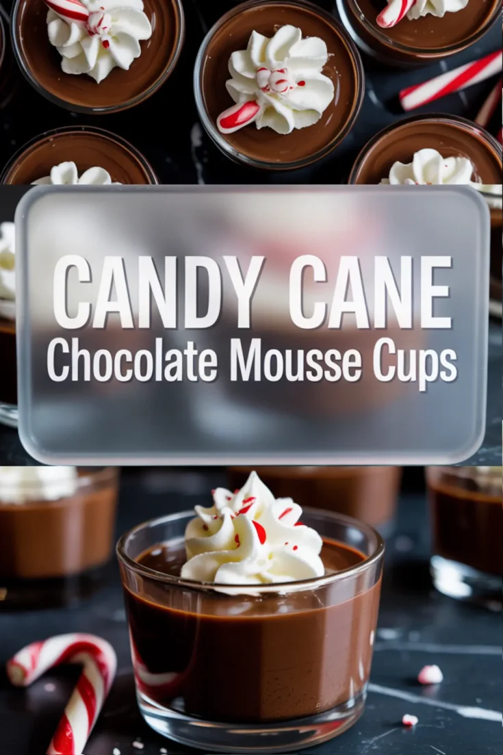 Top-down and front view collage of candy cane chocolate mousse cups topped with whipped cream and crushed peppermint, garnished with mini candy canes—an eye-catching Christmas dessert idea with festive styling and bold typography overlay.