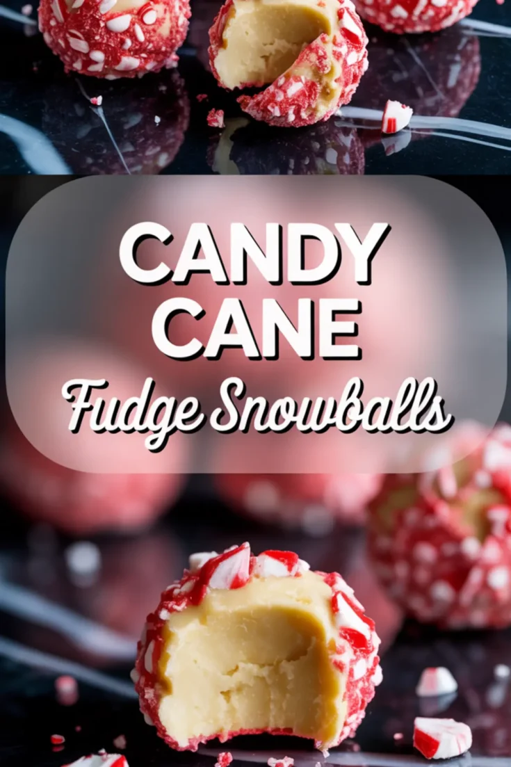 Two-part vertical collage showing close-ups of peppermint-coated fudge balls, one with a bite revealing the creamy center, overlaid with text “Candy Cane Fudge Snowballs” in bold white lettering.
