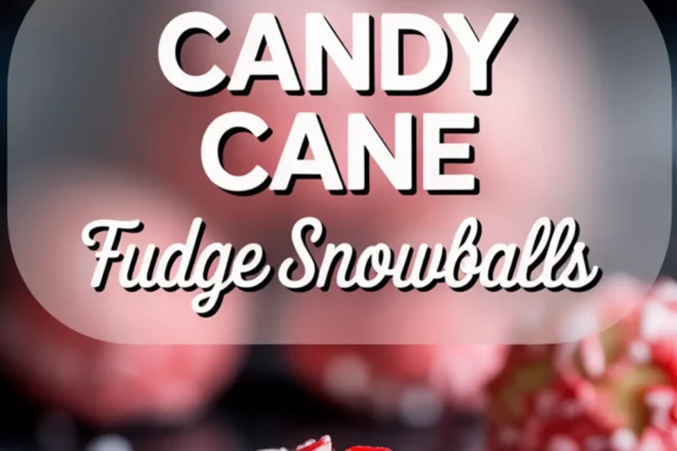 Two-part vertical collage showing close-ups of peppermint-coated fudge balls, one with a bite revealing the creamy center, overlaid with text “Candy Cane Fudge Snowballs” in bold white lettering.