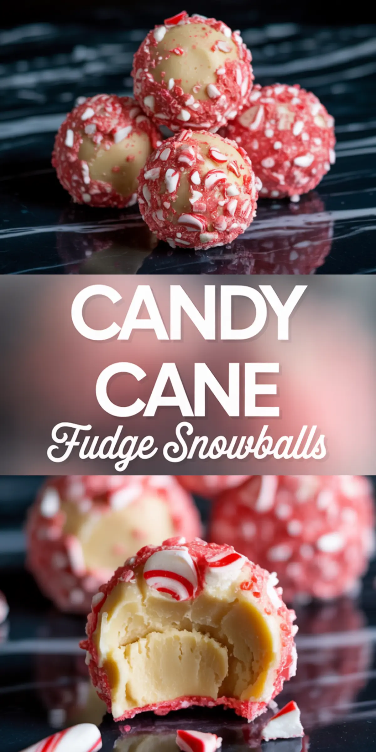 Vertical collage of stacked candy cane fudge balls and a bitten piece in the foreground, with bold centered text “Candy Cane Fudge Snowballs” on a semi-transparent overlay.

