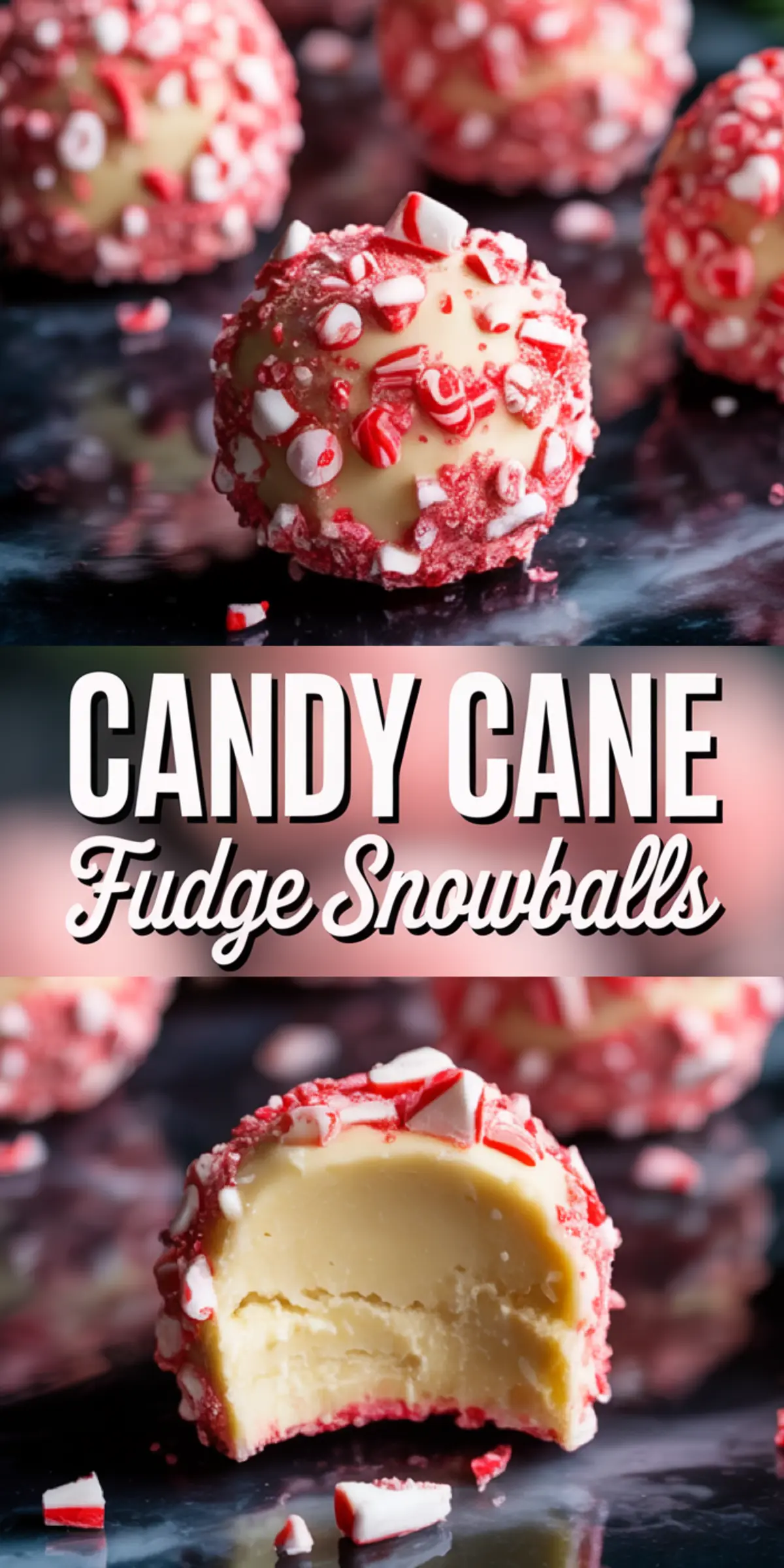 Vertical collage displaying close-up of whole and bitten peppermint fudge snowballs with vibrant red crushed candy coating and creamy interior, framed by text reading “Candy Cane Fudge Snowballs.”
