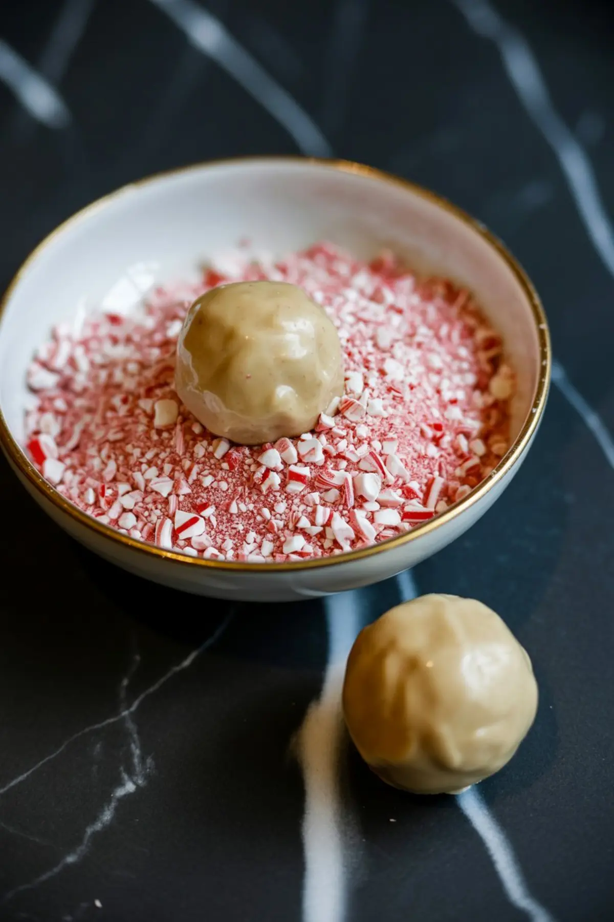 White chocolate-coated ball being rolled in crushed peppermint candy in a small bowl, with another coated ball beside it on a black marble surface.
