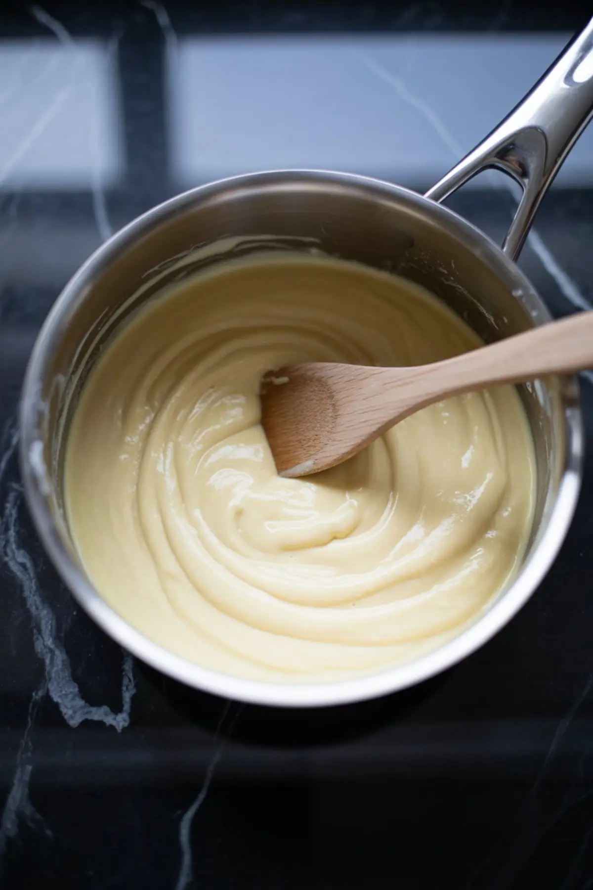 Creamy white fudge mixture being stirred in a stainless steel saucepan with a wooden spatula on a dark kitchen counter.
