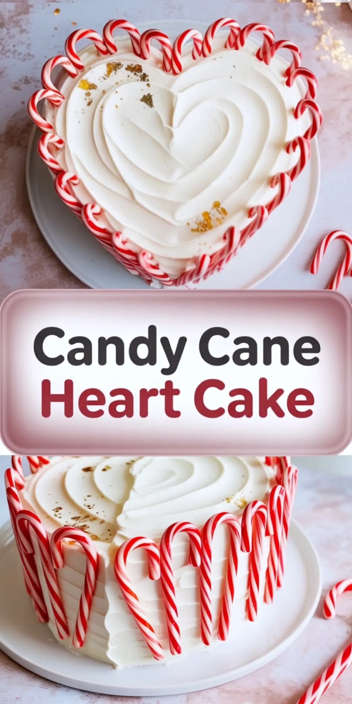 Alt: Heart-shaped candy cane cake with smooth white frosting, decorated with mini candy canes around the edge and sprinkled with edible gold flakes, shown from top and side angles on a white plate with pink marbled background.