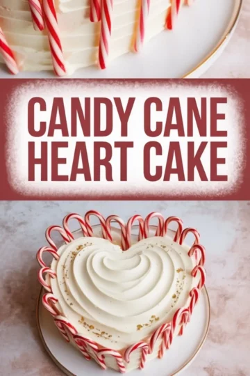 Alt: Close-up of a candy cane heart cake placed on a white plate, featuring white swirled frosting and a border of striped mini candy canes, with gold flakes on top for a festive touch.
