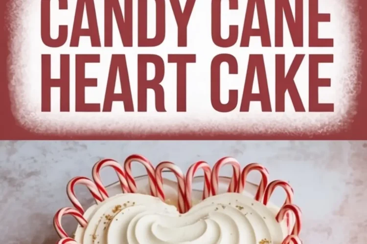 Alt: Close-up of a candy cane heart cake placed on a white plate, featuring white swirled frosting and a border of striped mini candy canes, with gold flakes on top for a festive touch.