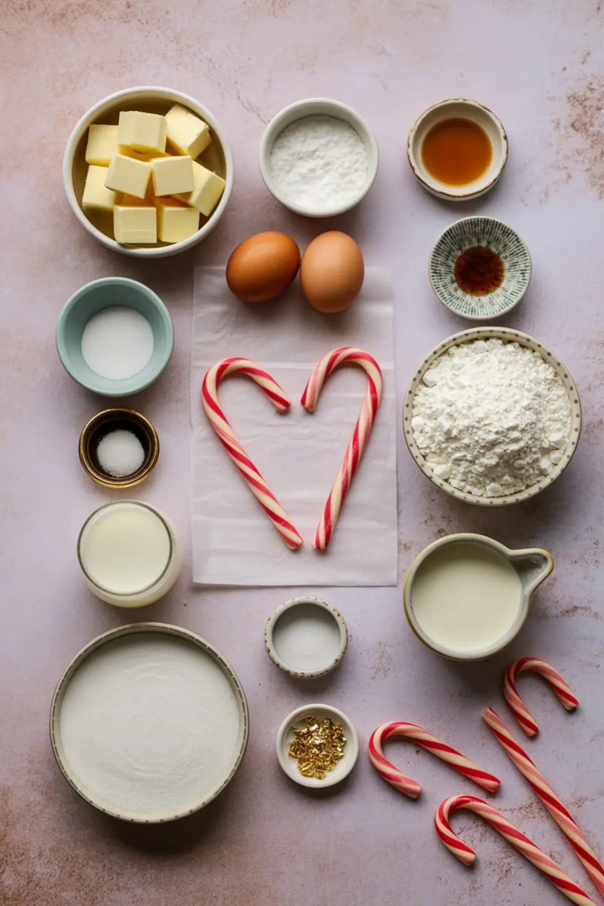 Flat lay of baking ingredients for a candy cane cake, including butter, flour, eggs, sugar, vanilla, and milk, with two red and white candy canes shaped into a heart on parchment paper at the center.