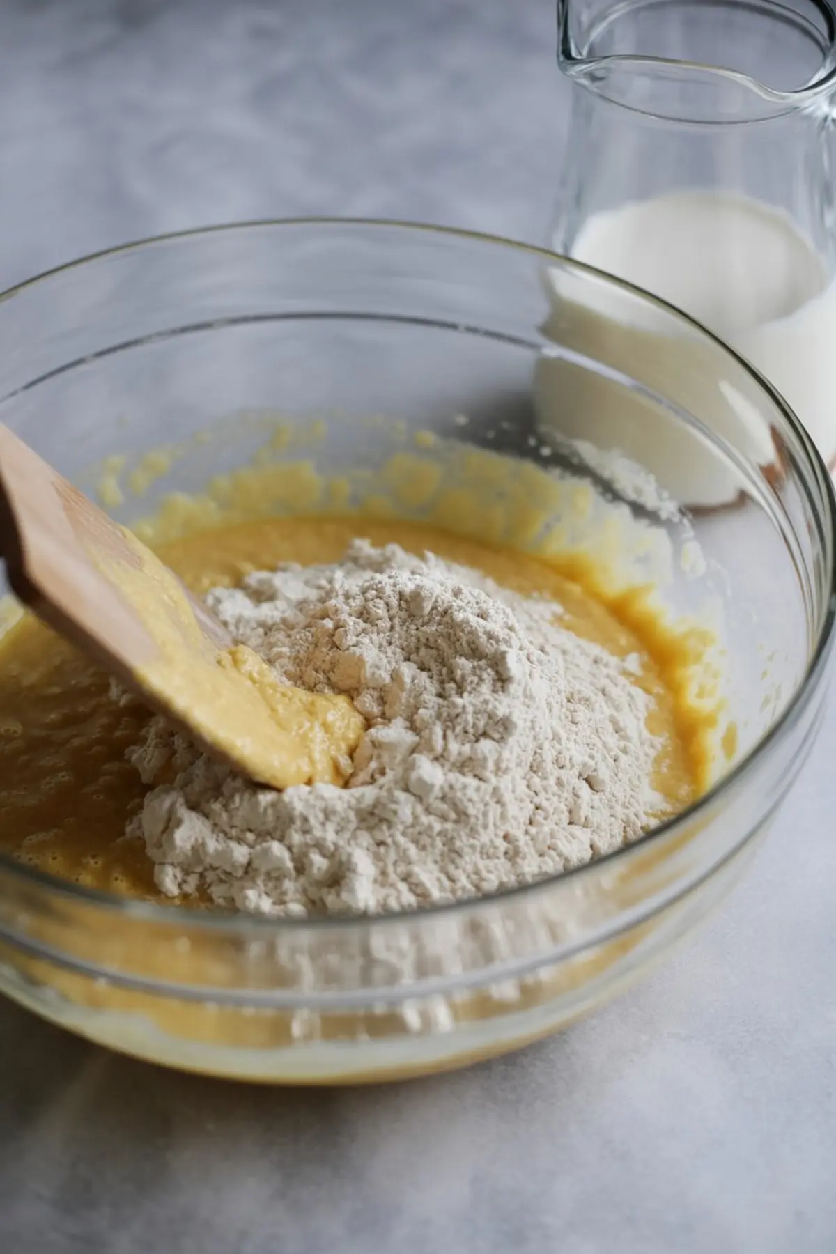 Bowl of partially mixed cake batter with flour just added on top, placed next to a glass jug of milk on a gray surface.