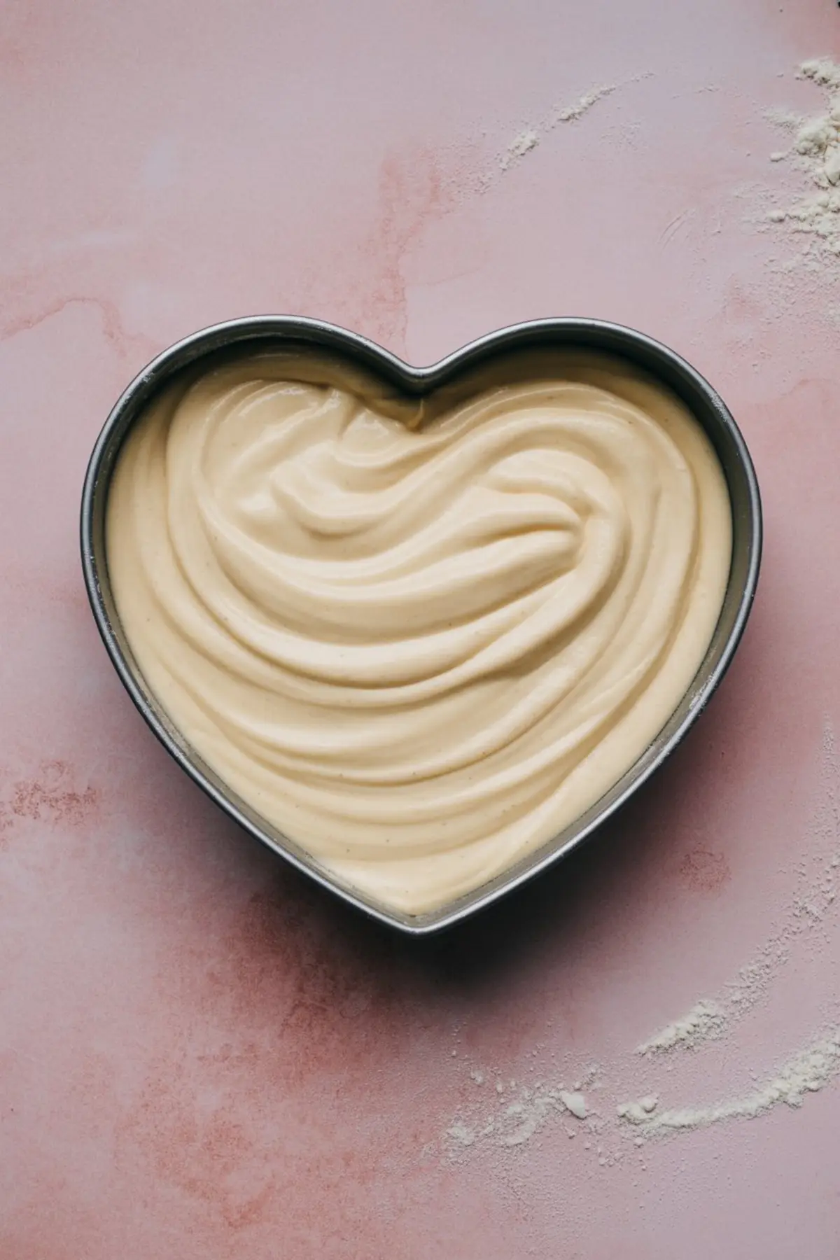 Heart-shaped baking pan filled with smooth, pale cake batter swirled in a decorative pattern, placed on a pink floured background.