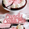 Tall recipe pin featuring whole peppermint pie with a missing slice, retro script “Candy Cane Pie” title in an oval frame, bottom photo highlighting a creamy pink slice on a white plate.