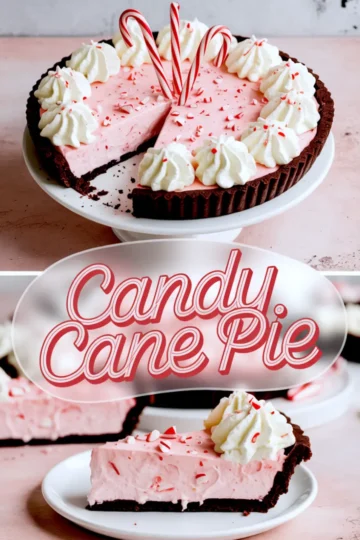 Tall recipe pin featuring whole peppermint pie with a missing slice, retro script “Candy Cane Pie” title in an oval frame, bottom photo highlighting a creamy pink slice on a white plate.