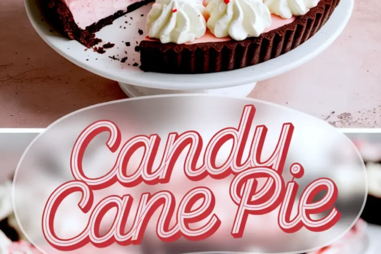 Tall recipe pin featuring whole peppermint pie with a missing slice, retro script “Candy Cane Pie” title in an oval frame, bottom photo highlighting a creamy pink slice on a white plate.