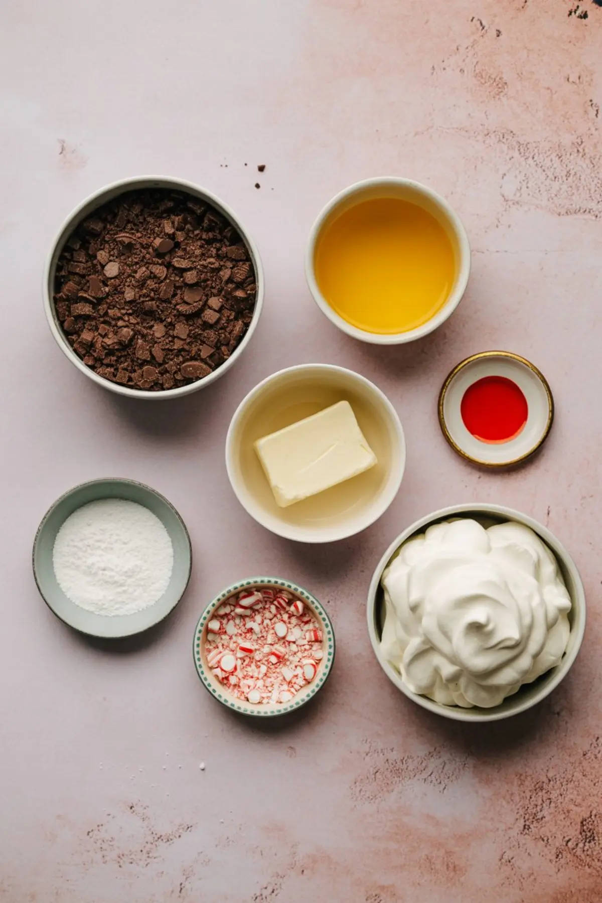 Flat lay of candy cane pie ingredients on a blush backdrop: chopped chocolate cookies, melted butter, vanilla, red peppermint extract, powdered sugar, crushed candy canes, whipped topping.