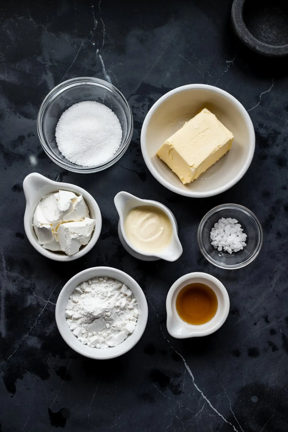 Flat lay of butter, powdered sugar, salt, vanilla extract, cream, and mascarpone arranged in small bowls as ingredients for caramel frosting.