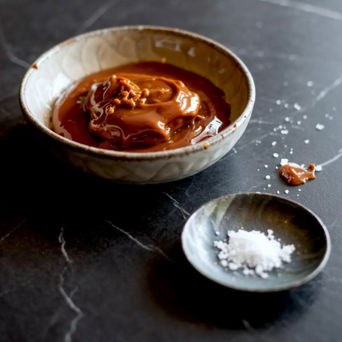 A ceramic bowl filled with thick, glossy salted caramel sauce next to a small dish of flaky sea salt on a dark countertop.
