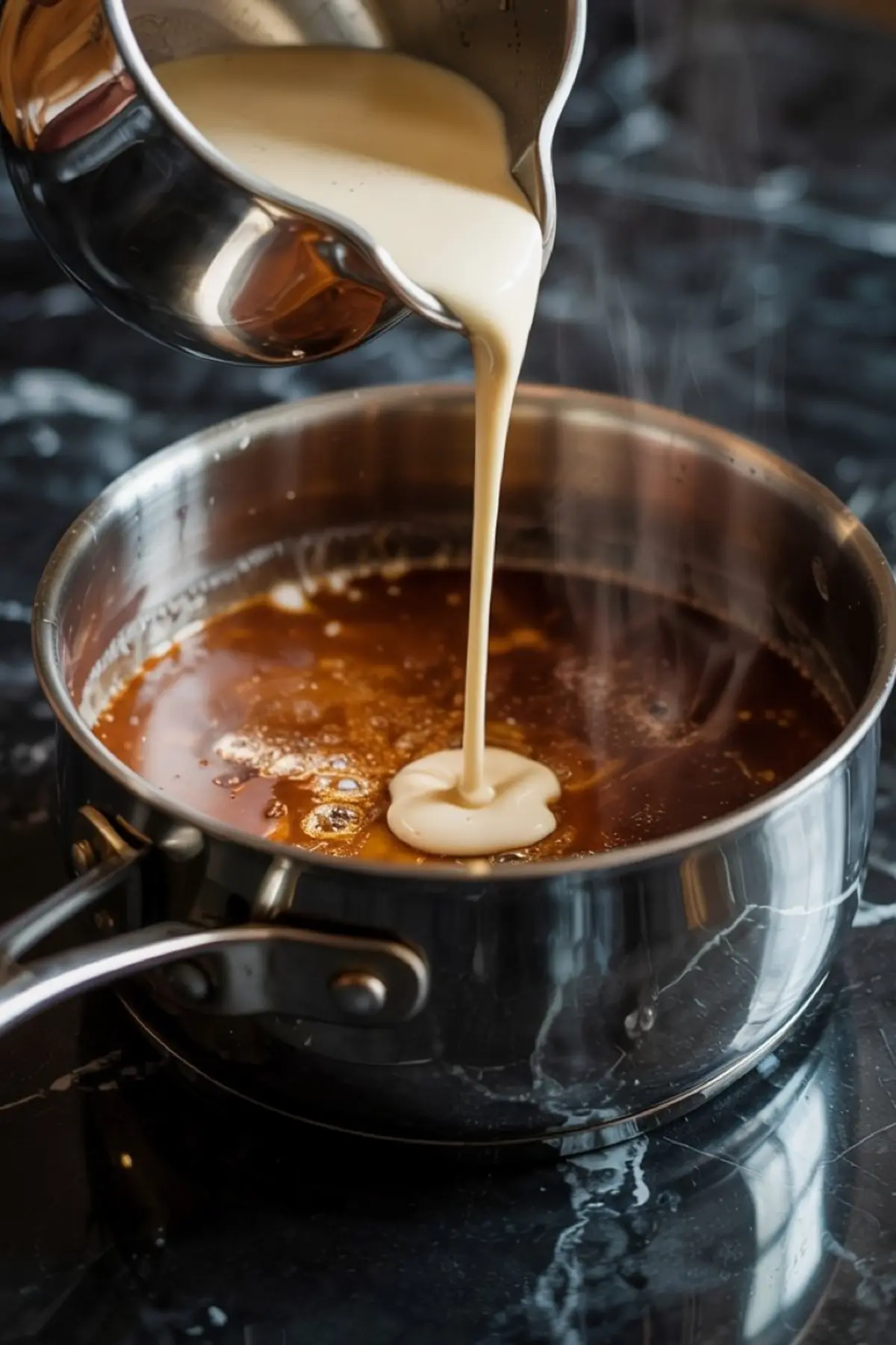 Hot caramel sauce in a saucepan as heavy cream is poured from a metal pitcher, creating a creamy swirl in the bubbling mixture.