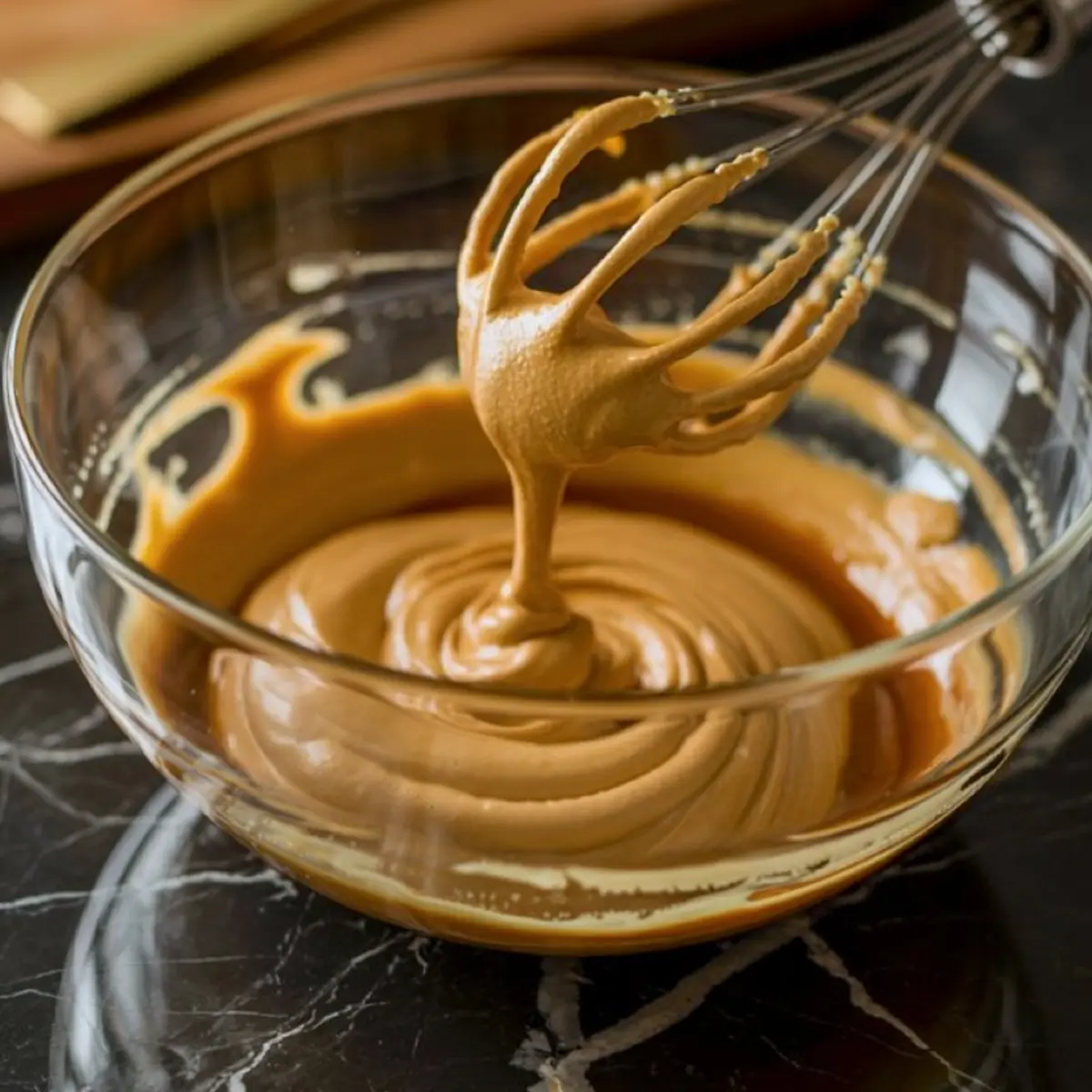 A glass mixing bowl filled with thick salted caramel buttercream frosting being whipped with a metal whisk on a dark marble countertop.