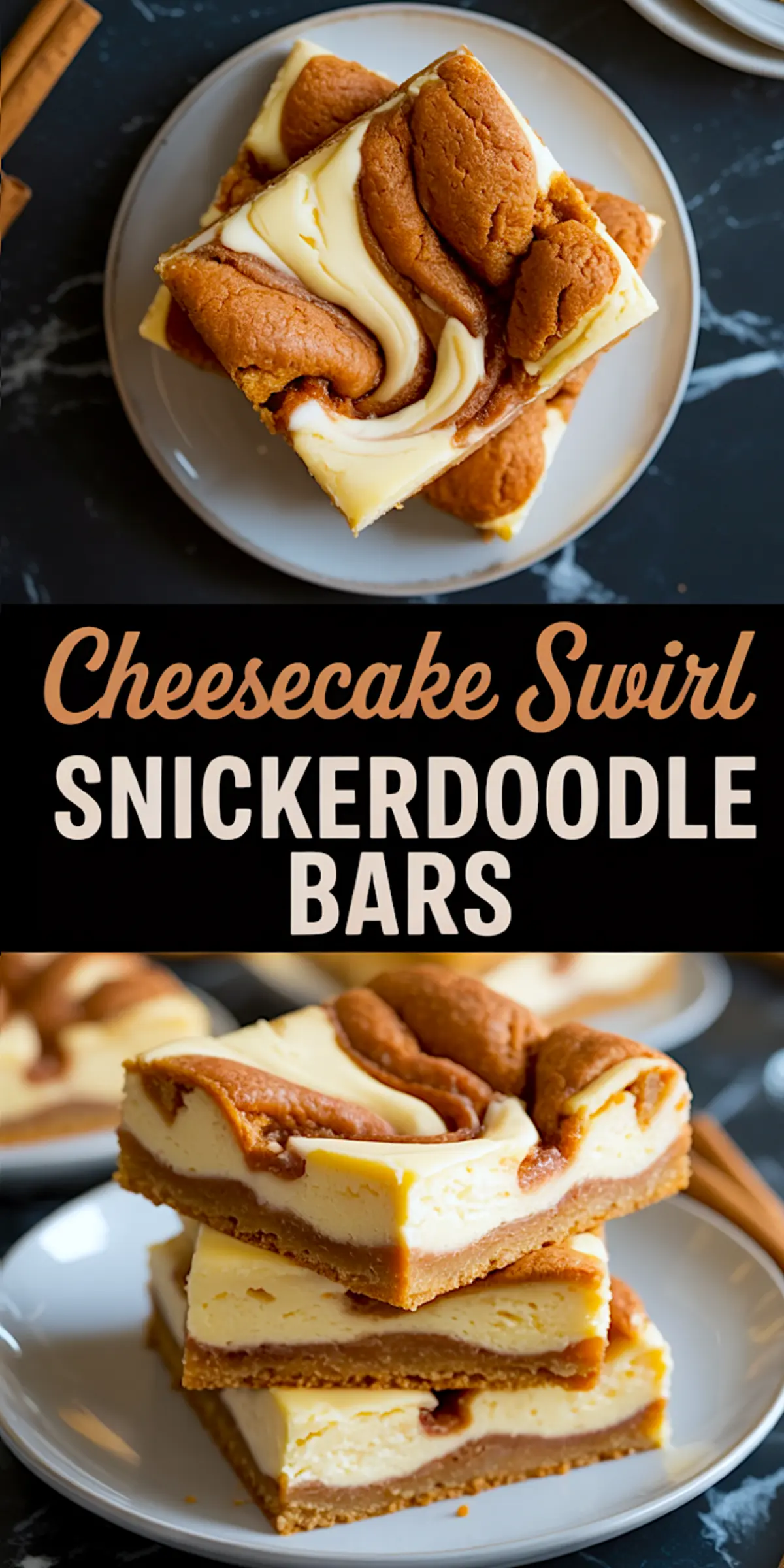 Cheesecake swirl snickerdoodle dessert bars arranged on a white plate and stacked in a close-up, highlighting the thick cookie crust, creamy cheesecake center, and baked cinnamon swirl topping with warm tones.