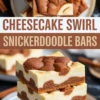 Cheesecake swirl snickerdoodle bars with a cookie base and smooth cheesecake filling, topped with rich cinnamon cookie dollops, shown stacked on a beige plate with a soft focus background and cinnamon accents.