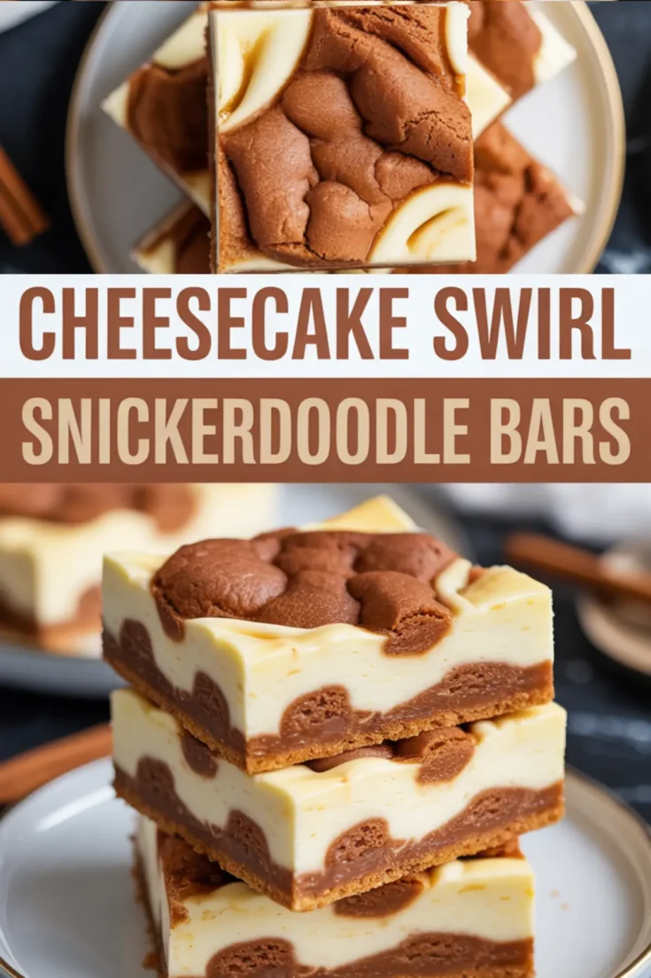 Cheesecake swirl snickerdoodle bars with a cookie base and smooth cheesecake filling, topped with rich cinnamon cookie dollops, shown stacked on a beige plate with a soft focus background and cinnamon accents.
