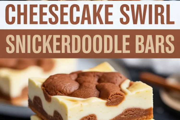 Cheesecake swirl snickerdoodle bars with a cookie base and smooth cheesecake filling, topped with rich cinnamon cookie dollops, shown stacked on a beige plate with a soft focus background and cinnamon accents.