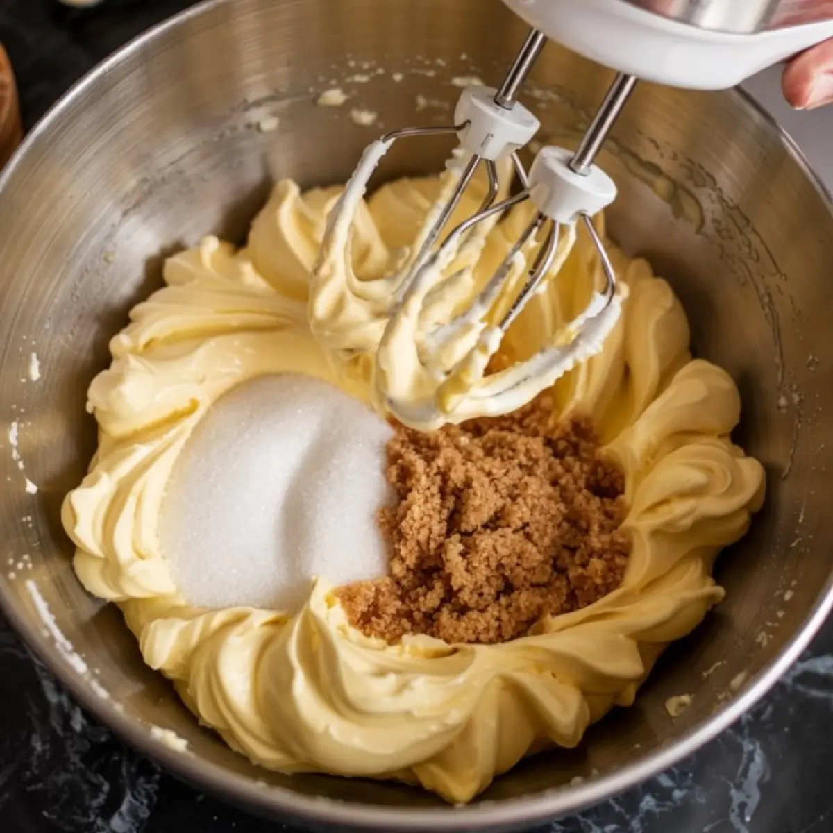 Metal mixing bowl filled with creamed butter being combined with white granulated sugar and brown sugar, with electric beaters resting above the fluffy yellow mixture on a black marble surface.