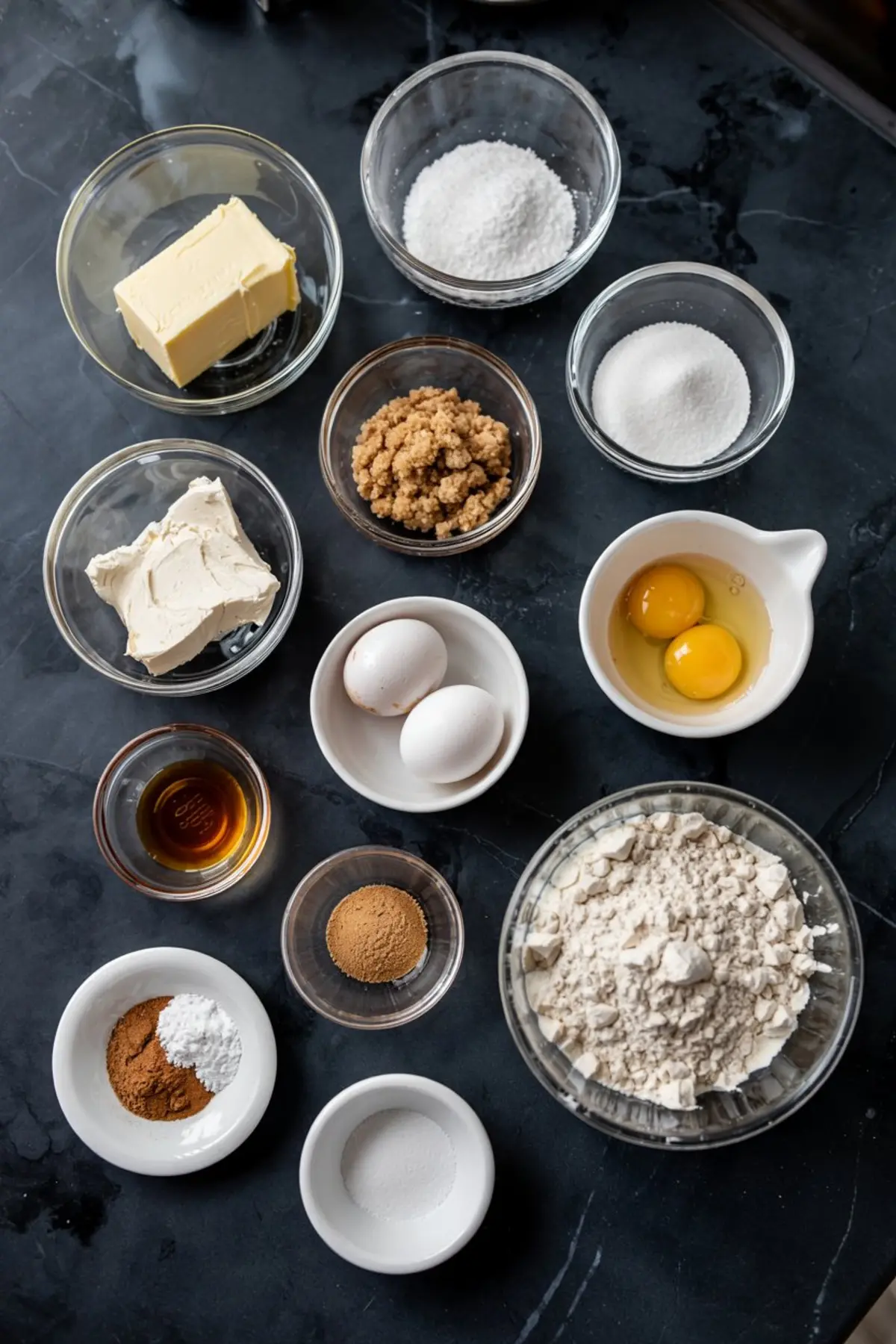 Flat lay of cheesecake swirl snickerdoodle bar ingredients in clear and white bowls, including butter, cream cheese, eggs, sugars, flour, vanilla extract, cinnamon, baking powder, and salt on a dark stone background.
