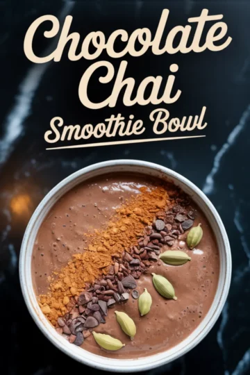 Overhead view of a chocolate chai smoothie bowl garnished with cacao nibs, ground cinnamon, and whole cardamom pods, set against a dark marble background with overlay text reading “Chocolate Chai Smoothie Bowl.”