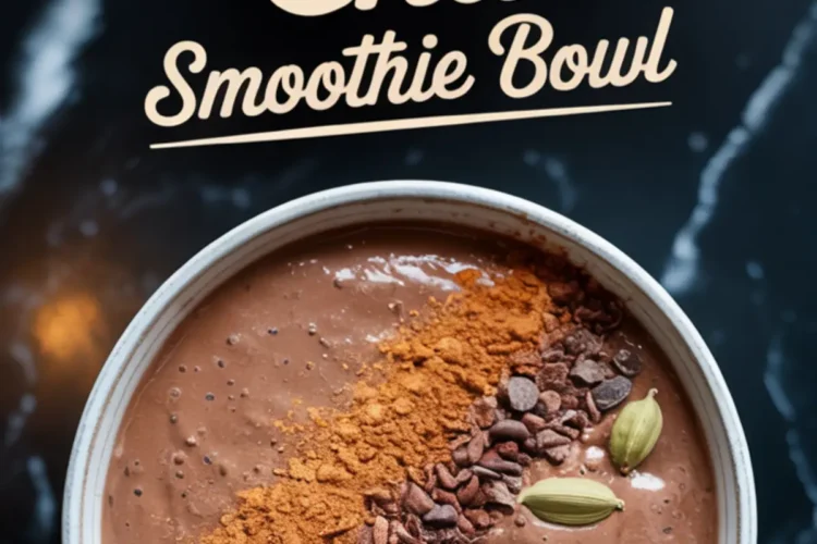 Overhead view of a chocolate chai smoothie bowl garnished with cacao nibs, ground cinnamon, and whole cardamom pods, set against a dark marble background with overlay text reading “Chocolate Chai Smoothie Bowl.”