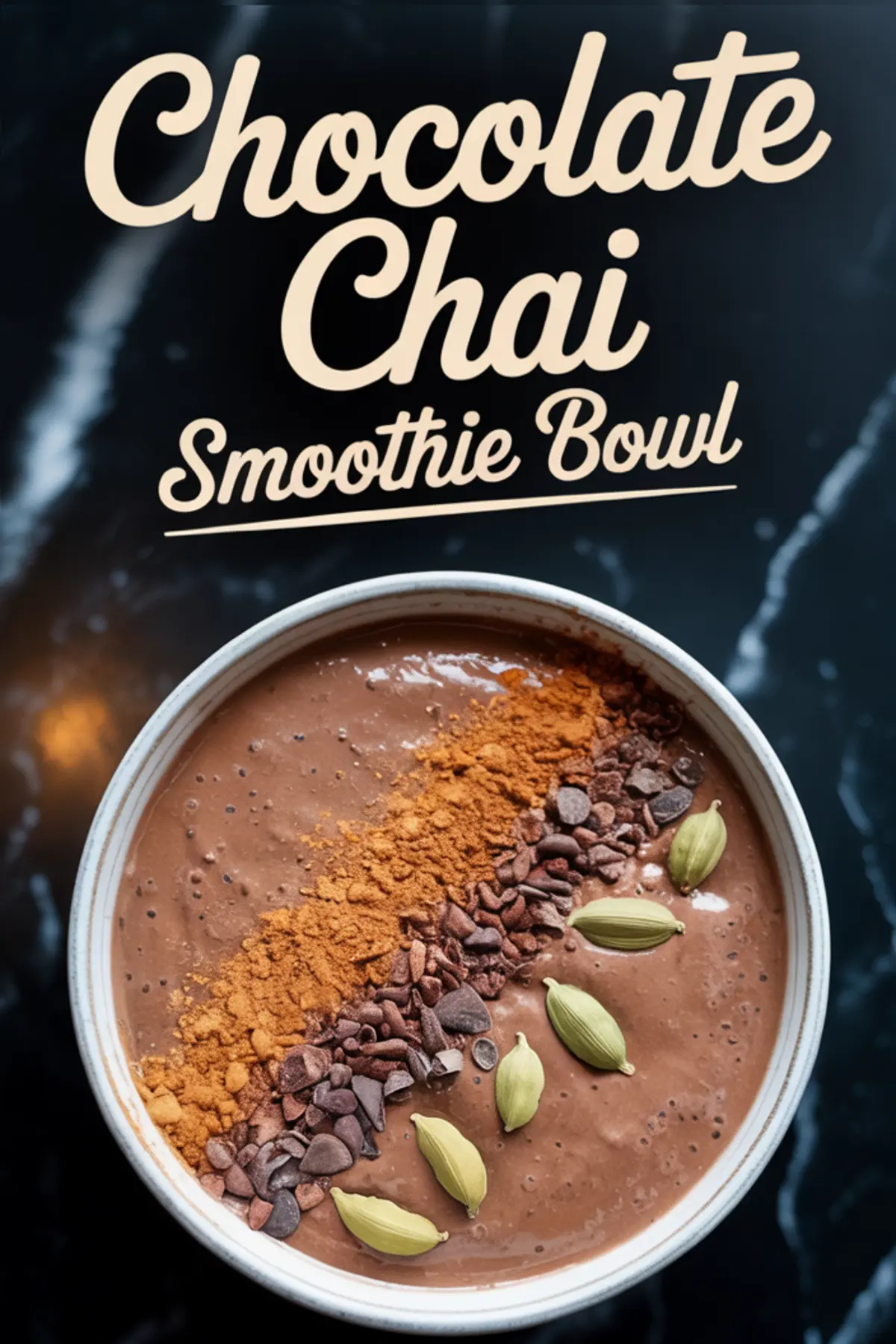 Overhead view of a chocolate chai smoothie bowl garnished with cacao nibs, ground cinnamon, and whole cardamom pods, set against a dark marble background with overlay text reading “Chocolate Chai Smoothie Bowl.”