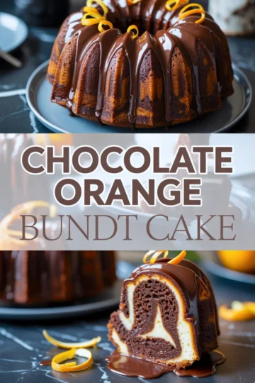 Top view highlights a chocolate orange bundt cake topped with glossy ganache and orange zest spirals. Bottom features a cake slice with defined marbled layers and thick chocolate glaze dripping onto the dark surface.