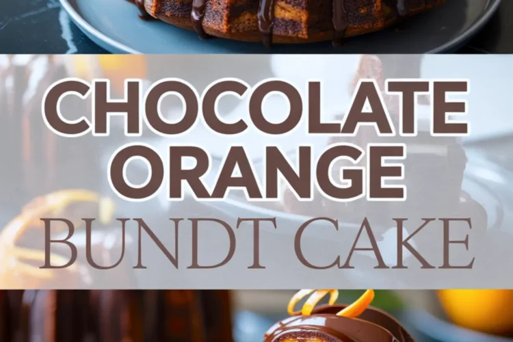 Top view highlights a chocolate orange bundt cake topped with glossy ganache and orange zest spirals. Bottom features a cake slice with defined marbled layers and thick chocolate glaze dripping onto the dark surface.