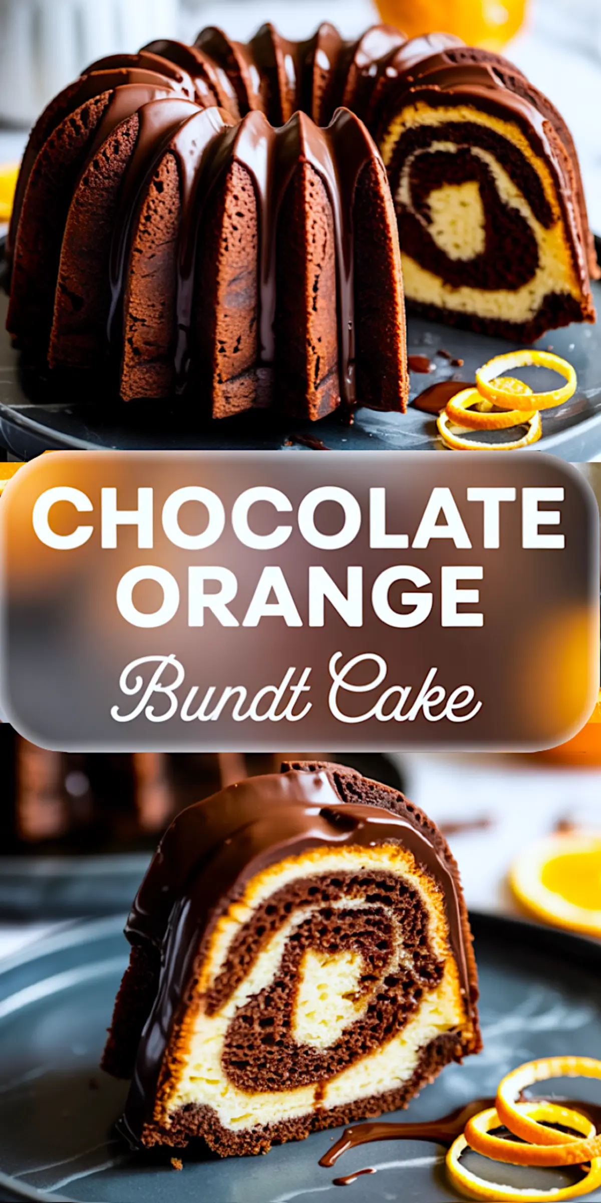Top half shows a glossy chocolate orange bundt cake with deep ridges and melted chocolate glaze. Bottom half features a sliced view showing the marbled chocolate and orange swirl with a drizzle of ganache and orange peel curls.
