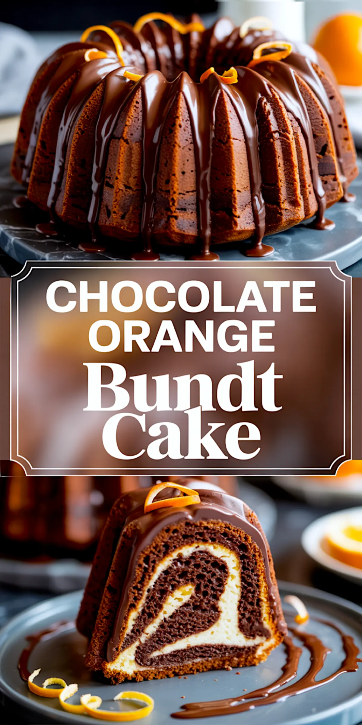 Top displays a chocolate orange bundt cake with shiny ganache and curled orange zest garnish. Bottom shows a cake slice revealing the swirl pattern inside, surrounded by a rich chocolate drizzle on a dark plate.
