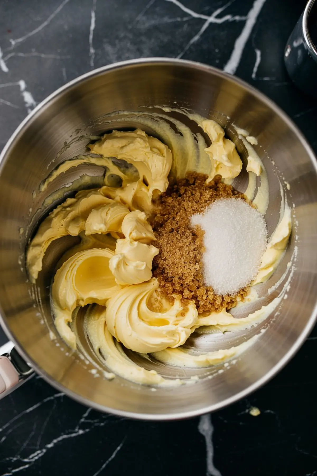 A stainless steel mixing bowl filled with whipped butter, light brown sugar, and granulated sugar on a dark marble countertop, ready to be creamed for cake batter.
