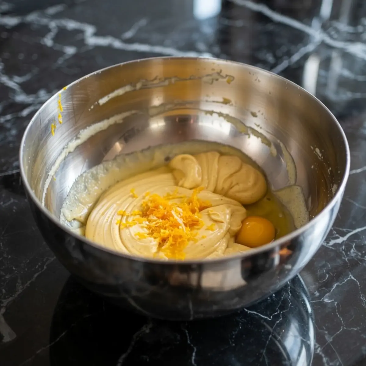 Cake batter in a mixing bowl topped with fresh orange zest and cracked eggs, sitting on a black marble surface during the chocolate orange bundt cake preparation.
