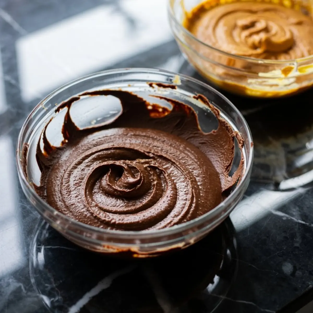 Two glass bowls filled with chocolate cake batter and orange cake batter swirled smoothly, placed on a glossy black marble surface in a baking setup.
