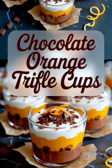 Close-up of a layered chocolate orange trifle cup topped with whipped cream, chocolate shavings, and orange zest curls, with text reading “Chocolate Orange Trifle Cups.”