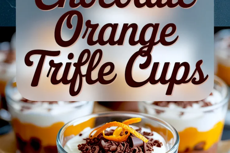 Close-up of a layered chocolate orange trifle cup topped with whipped cream, chocolate shavings, and orange zest curls, with text reading “Chocolate Orange Trifle Cups.”