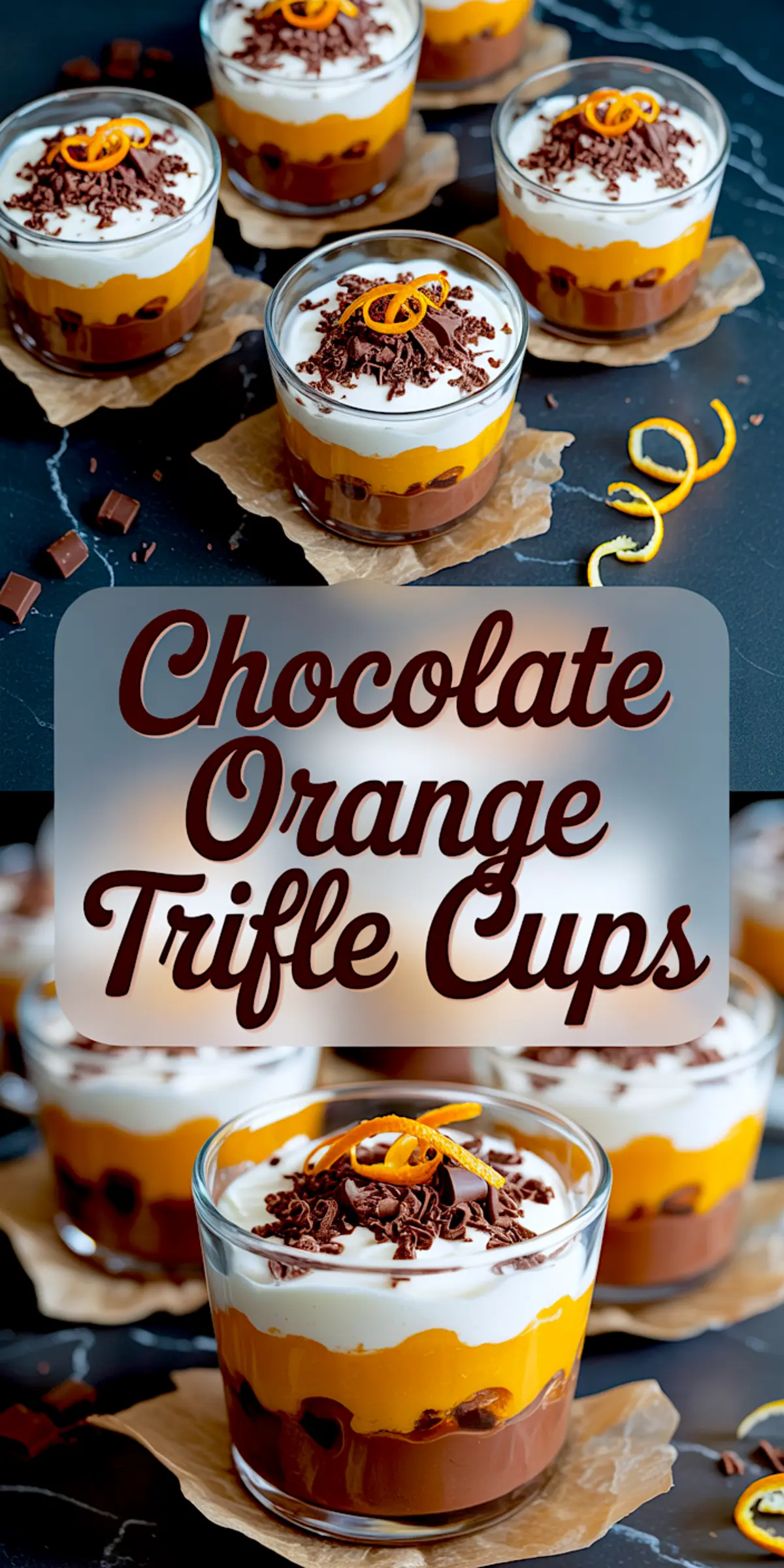 Vertical collage featuring individual and grouped chocolate orange trifle cups, each layered with chocolate custard, orange curd, and whipped cream, topped with chocolate shavings and orange zest spirals, with central text overlay “Chocolate Orange Trifle Cups.”
