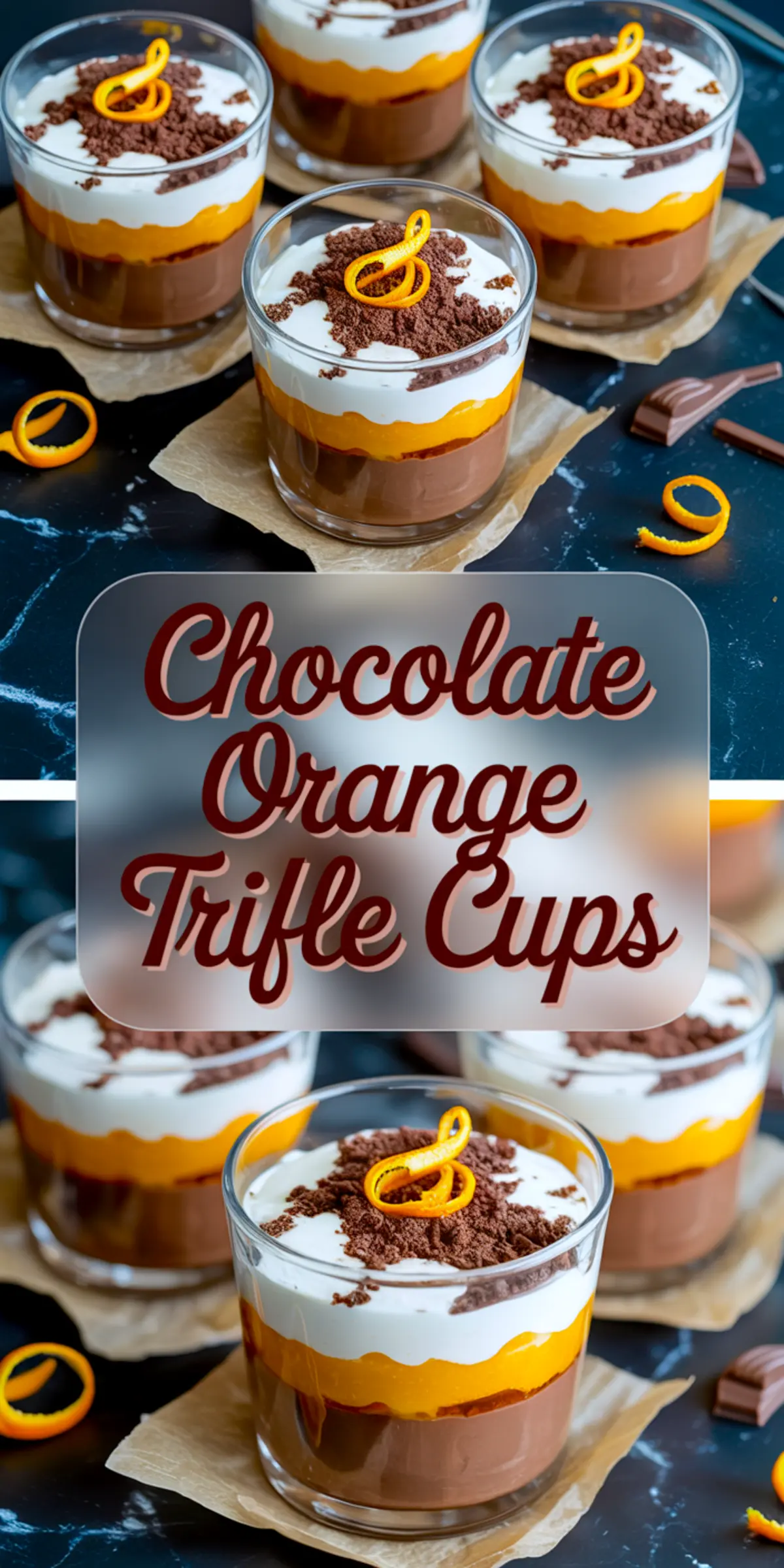 Vertical collage showing close-up and overhead views of chocolate orange trifle cups in glass containers, with distinct layers of chocolate, orange curd, and whipped cream, topped with cocoa crumbles and orange curls, with central title text “Chocolate Orange Trifle Cups.”
