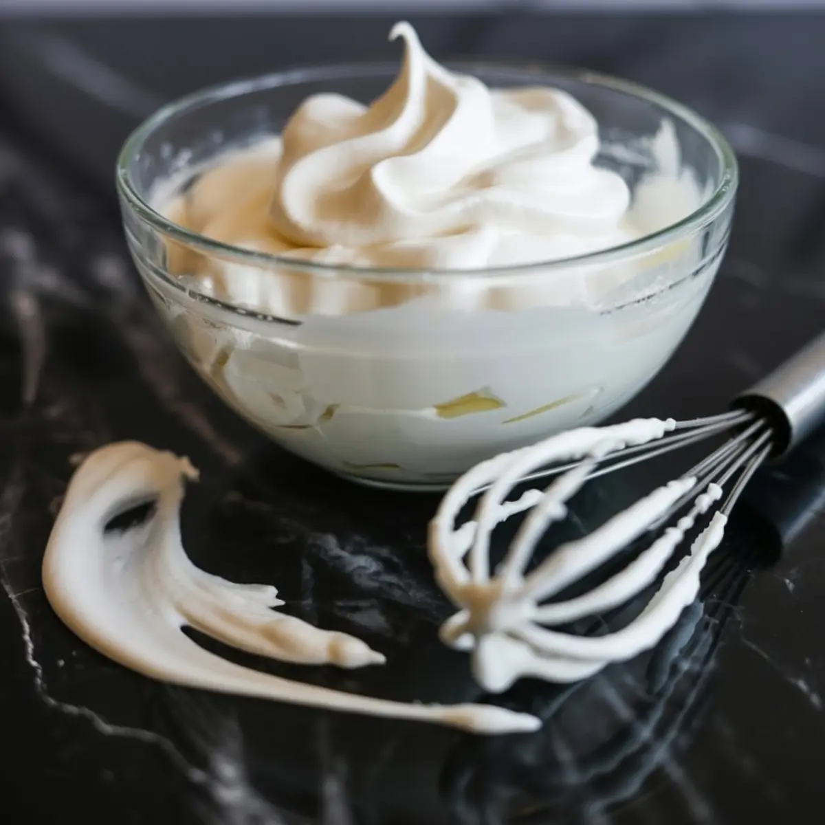 Glass bowl filled with freshly whipped cream on a black marble countertop, with a dollop and metal whisk beside it.
