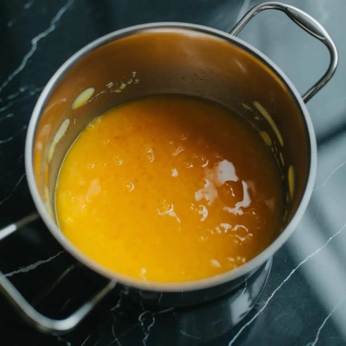 Stainless steel saucepan filled with vibrant orange curd simmering on a black marble surface.

