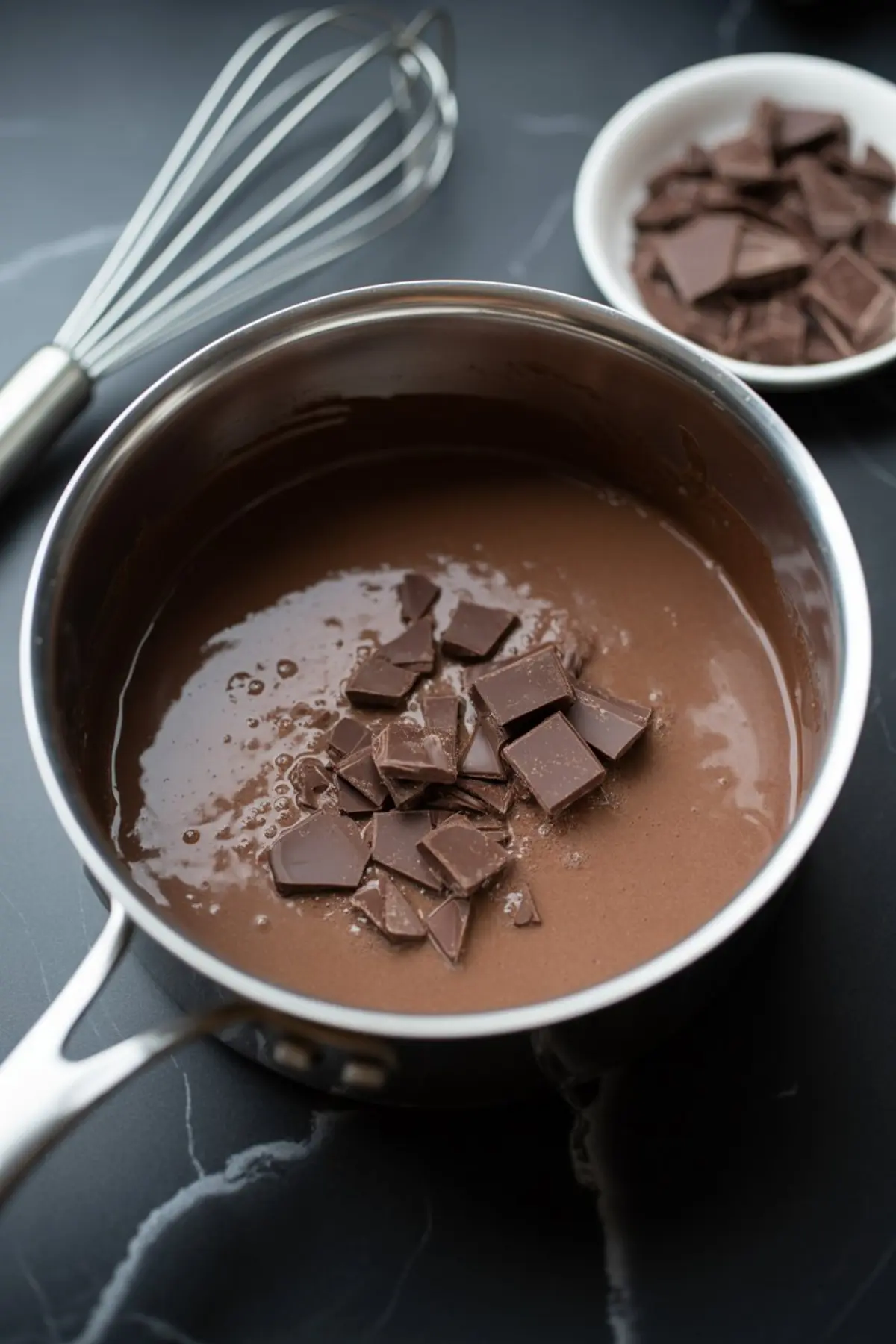 Chunks of dark chocolate melting into warm chocolate custard in a saucepan, with a whisk and chocolate pieces nearby.
