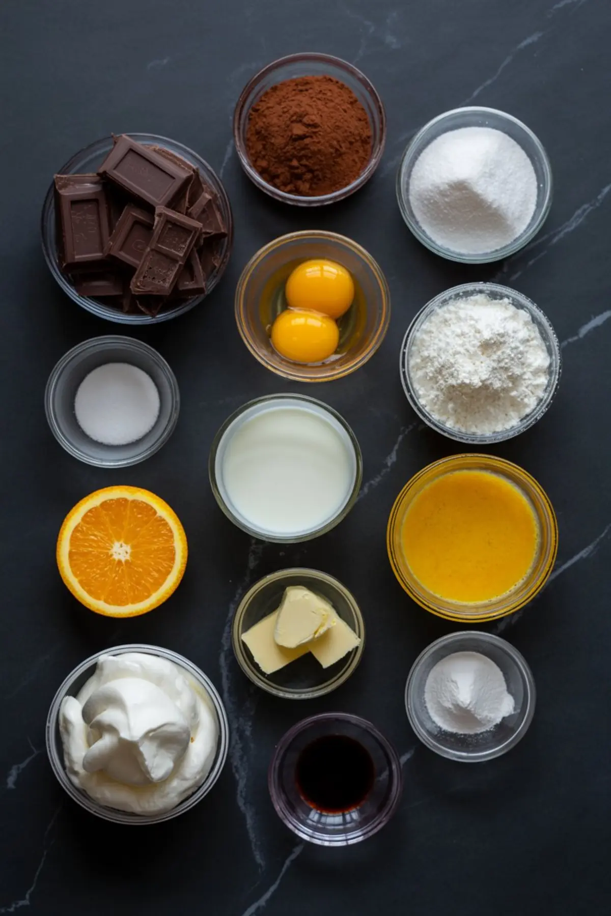 Flat lay of baking ingredients including dark chocolate, cocoa powder, egg yolks, whipped cream, orange, butter, sugar, flour, milk, and vanilla extract on a dark surface.
