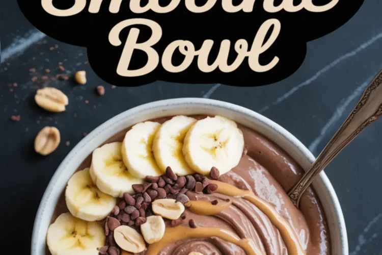 Chocolate peanut butter smoothie bowl topped with banana slices, chocolate chips, and peanuts, with decorative peanut butter swirl and spoon, labeled text above the bowl.