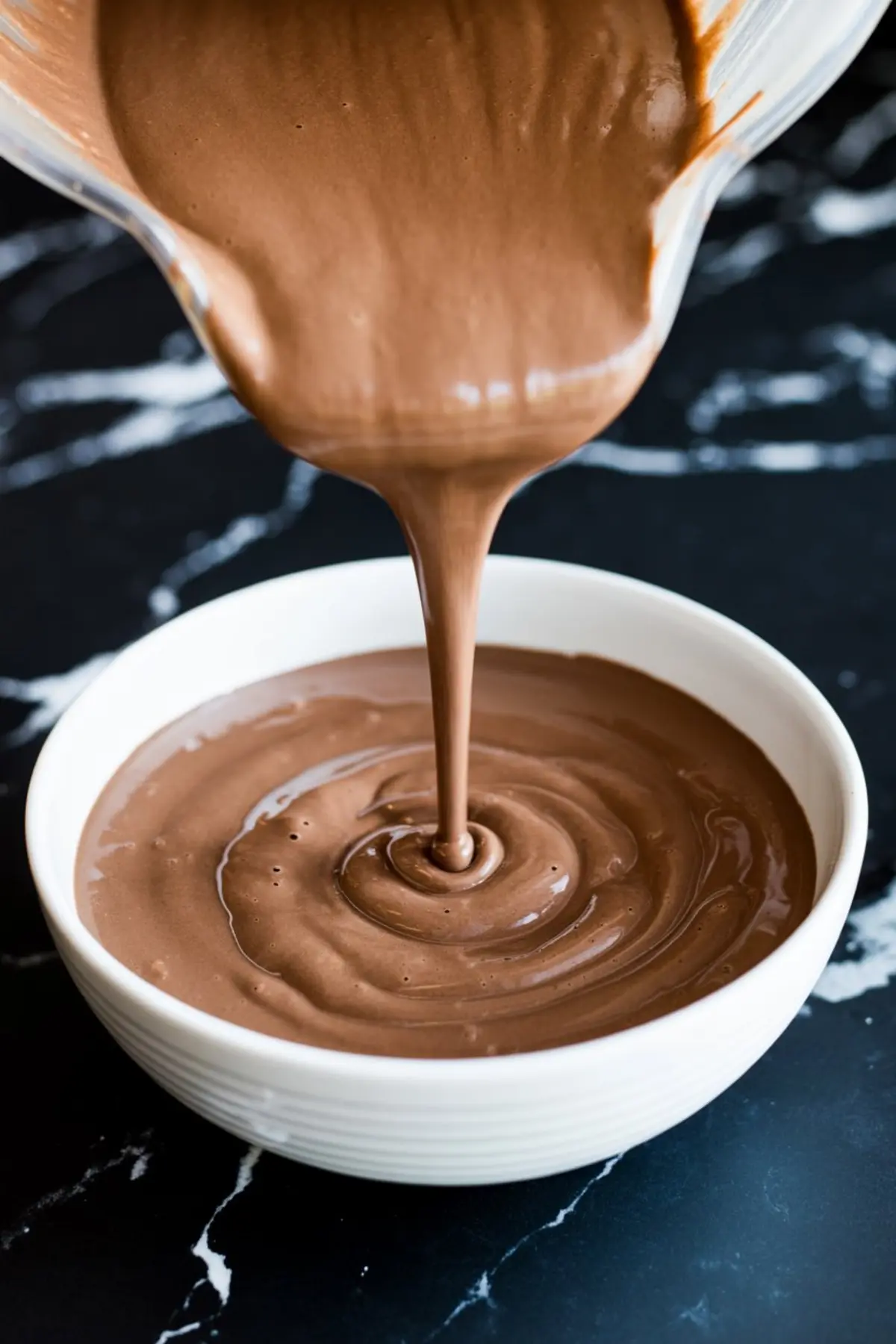 Thick chocolate smoothie being poured into a white bowl on a dark marble surface, creating a rich swirl pattern.